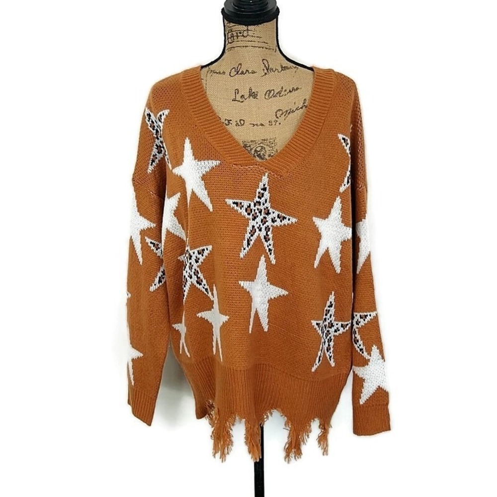 Umgee Sweater Womens Small Rust Orange Star Leopard Print Distressed V-Neck